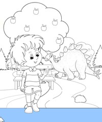 kids color page. Cute cartoon with mountain and Dinosaur coloring pages for boys and girls,