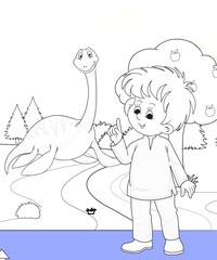 kids color page. Cute cartoon with mountain and Dinosaur coloring pages for boys and girls,