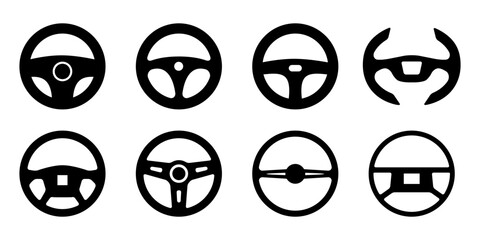 自動車のハンドル、ステアリングホイールの8種類のベクターアイコン白黒素材セット