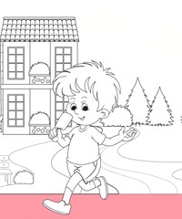 kids color page. Cute cartoon with mountain and Dinosaur coloring pages for boys and girls,