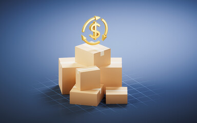 Packaging box with money sign, 3d rendering.