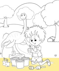 kids color page. Cute cartoon with mountain and Dinosaur coloring pages for boys and girls,