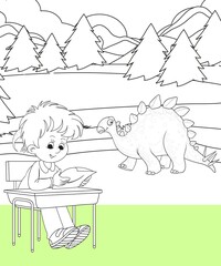 kids color page. Cute cartoon with mountain and Dinosaur coloring pages for boys and girls,