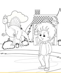 kids color page. Cute cartoon with mountain and Dinosaur coloring pages for boys and girls,