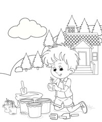 kids color page. Cute cartoon with mountain and Dinosaur coloring pages for boys and girls,