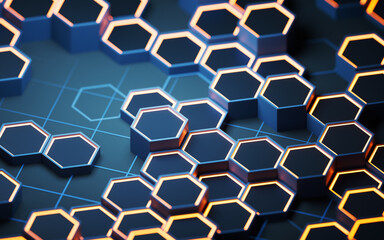 Metallic hexagon material background, 3d rendering.