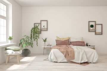 White bedroom interior. Scandinavian design. 3D illustration