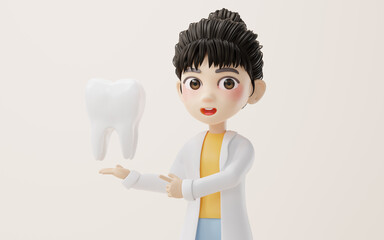 3D cartoon female researcher and the tooth, 3d rendering.