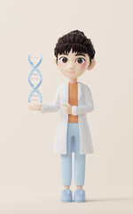 3D cartoon female researcher and DNA, 3d rendering.