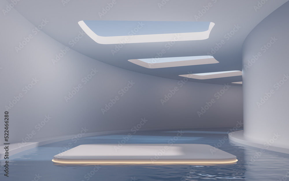Poster the room with empty stage inside, 3d rendering.