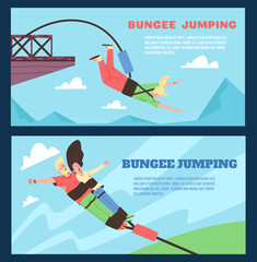 Bungee jumping flyers with people jump from height , flat vector illustration.