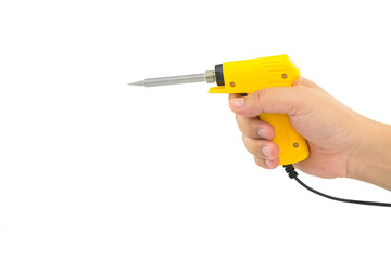 Hand holding electric soldering gun on transparent background, Png file