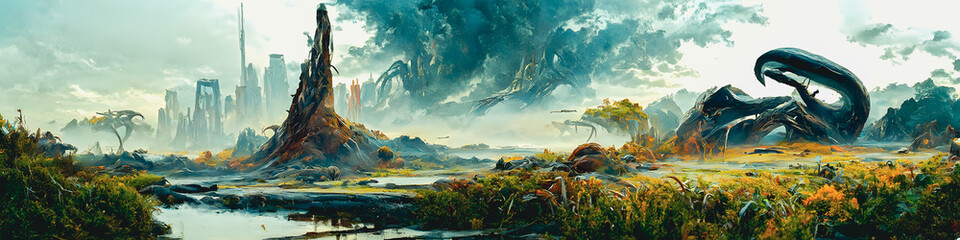 Obraz na płótnie Canvas Artistic concept painting of a beautiful sci-fi landscape, with a future thing in the background. Tender and dreamy design, background illustration.