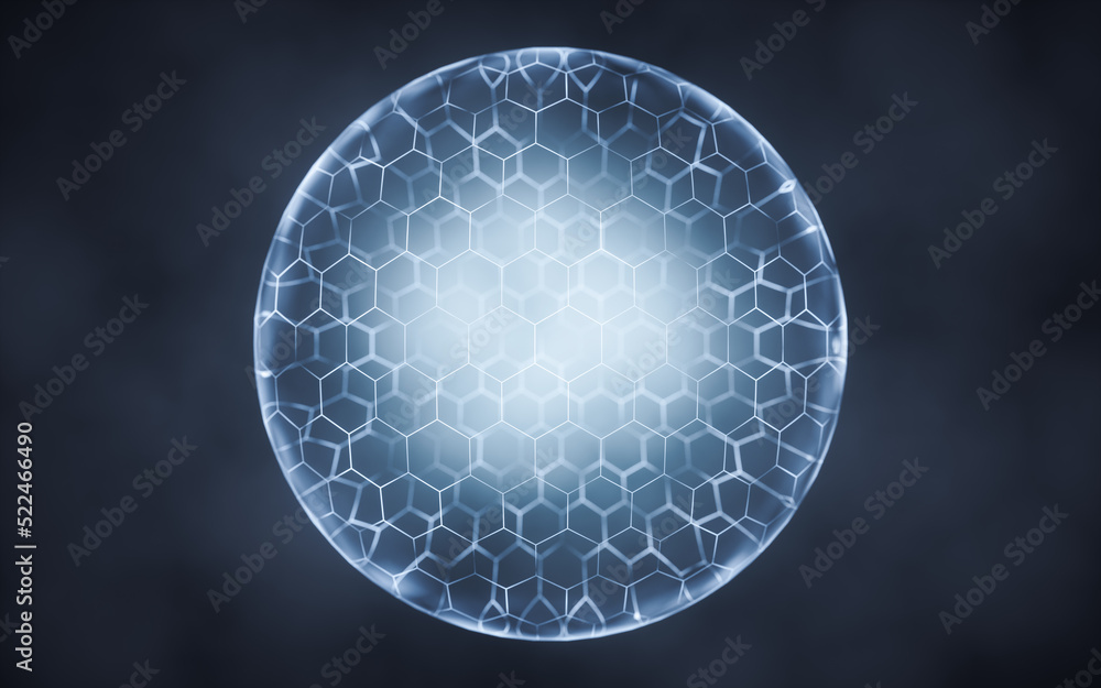 Poster transparent sphere with hexagon pattern, 3d rendering.