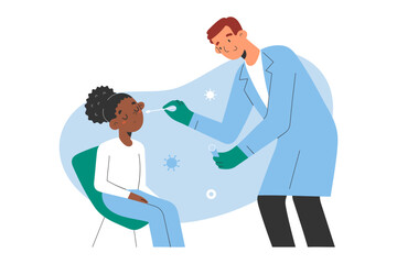 Testing a child for covid, friendly medical doctor taking a cotton swab sample for coronavirus from a little African-American girl, collecting specimen from nose and throat, vector illustration