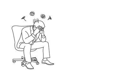 Drawing of young businessman sitting on chair with head down because sad and depressed. Single line art style