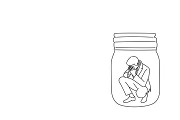 Illustration of businessman trapped into a glass jar. Office life metaphor. One line style art