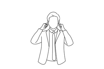 Cartoon of annoyed and tensed businessman feel discomfort, shut ears as hear annoying loud sound. Continuous line art style