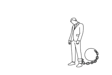 Illustration of depressed businessman stands with a lowered head while chained to an iron ball. Business world restrictions concept. One continuous line art style