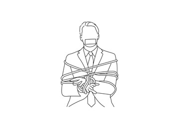 Cartoon of businessman taken hostage and tied up with rope. Single continuous line art style