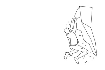 Cartoon of young businessman in tie hanging dangerously on edge of cliff holding. Single continuous line art style