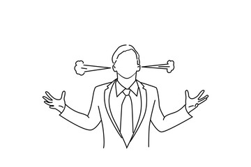 Drawing of businessman in anger screaming and smoke going out from ears. Single line art style