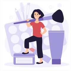 Fototapeta premium Makeup artist and cosmetics. Tiny female character with makeup brush . Flat design vector illustration