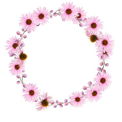 Round wreath of natural purple flowers isolated on white background.