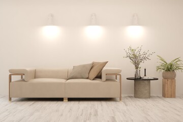 White living room with sofa. Scandinavian interior design. 3D illustration