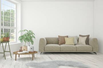 White living room with sofa and summer landscape in window. Scandinavian interior design. 3D illustration
