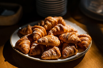Pile of many fresh baked french croissants on white plate in bright sunlight. Food background