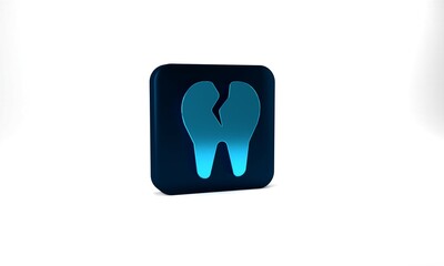 Blue Broken tooth icon isolated on grey background. Dental problem icon. Dental care symbol. Blue square button. 3d illustration 3D render
