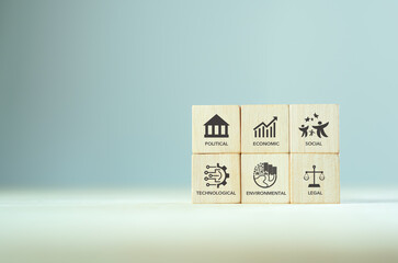 PESTEL analysis concept. Framework to assess political, economic, social, technological, environmental, and legal factors. Strategic planning process for develop innovative product, market initiatives