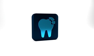 Blue Broken tooth icon isolated on grey background. Dental problem icon. Dental care symbol. Blue square button. 3d illustration 3D render