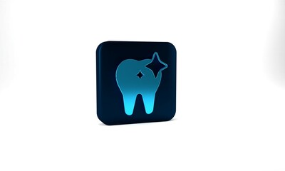 Blue Tooth whitening concept icon isolated on grey background. Tooth symbol for dentistry clinic or dentist medical center. Blue square button. 3d illustration 3D render