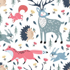 Hedgehog, squirrel, hare and coniferous trees. Forest animals. Childish seamless pattern.