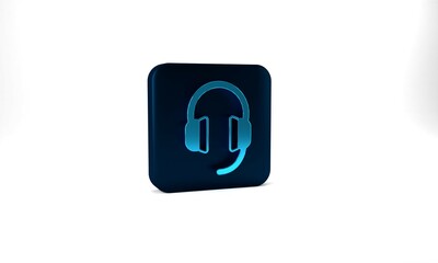 Blue Headphones icon isolated on grey background. Earphones. Concept for listening to music, service, communication and operator. Blue square button. 3d illustration 3D render