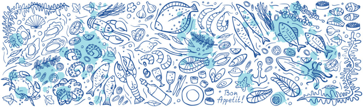 Long banner of set doodle seafood on white blue background. Vector illustration. Perfect for dessert menu or food package design.