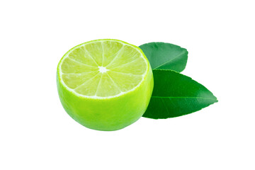 Lime with slices half and leaves isolated on white background. Green citrus fruit. with clipping path