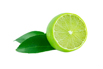 Lime with slices half and leaves isolated on white background. Green citrus fruit. with clipping path
