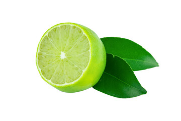 Lime with slices half and leaves isolated on white background. Green citrus fruit. with clipping path