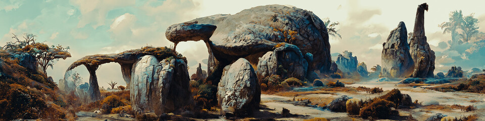 Artistic concept painting of a beautiful sci-fi landscape, with a future thing in the background. Tender and dreamy design, background illustration. © 4K_Heaven