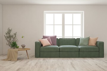 White living room with sofa. Scandinavian interior design. 3D illustration