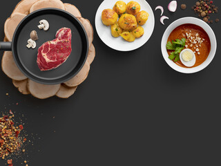 Lunch with chop and fried potatoes, 3d Illustration, 3d rendering