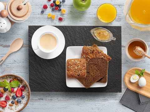 breakfast with coffee and Wholemeal rolls, 3d Illustration, 3d rendering