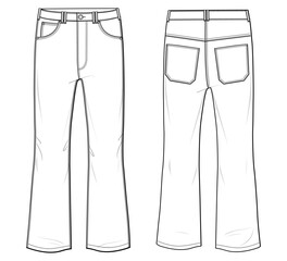boot cut jeans flat sketch vector illustration womens flare pants technical drawing front and back view apparel template. cad mockup.