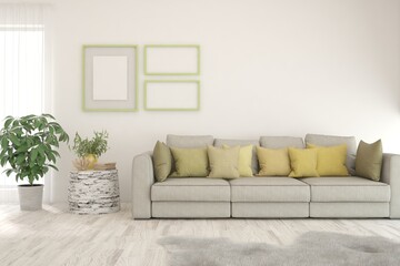 White living room with sofa. Scandinavian interior design. 3D illustration