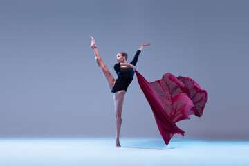 Portrait of young flexible ballerina dancing with deep red fabric isolated over blue grey studio...