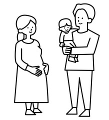 妊婦と子供を抱っこするお父さんのイラスト　線画のみ