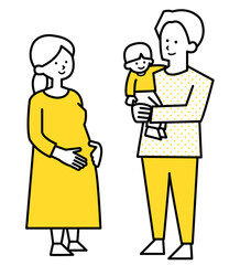 妊婦と子供を抱っこするお父さんのイラスト